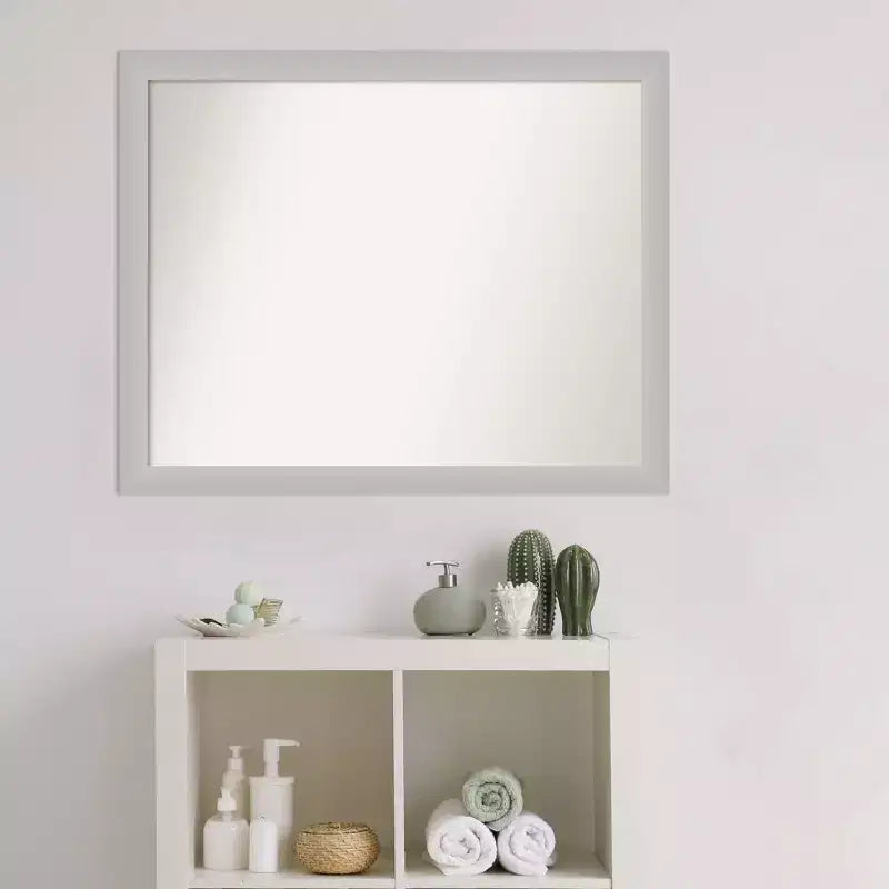 Non-Beveled Low Luster Silver Wood Bathroom Wall Mirror – Real Wood Frame, Wall Mount