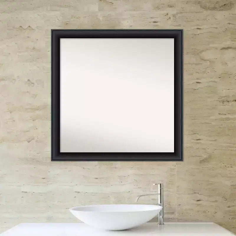 Non-Beveled Nero Black Wood Bathroom Wall Mirror – Modern Square, Wall Mount