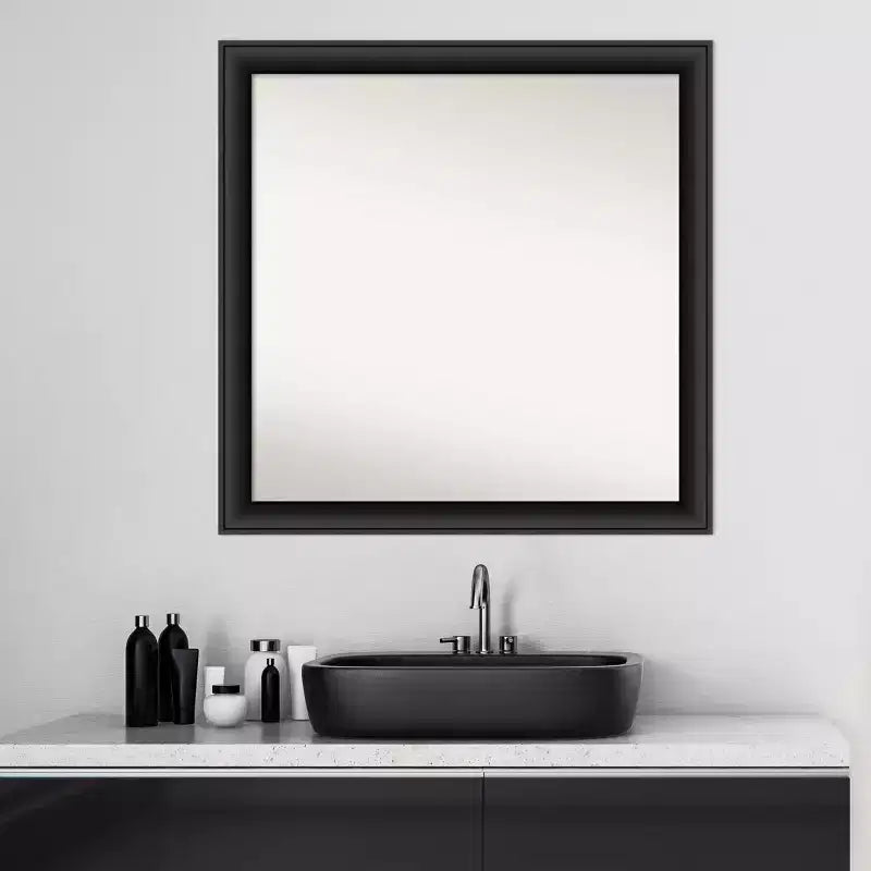Non-Beveled Nero Black Wood Bathroom Wall Mirror – Modern Square, Wall Mount