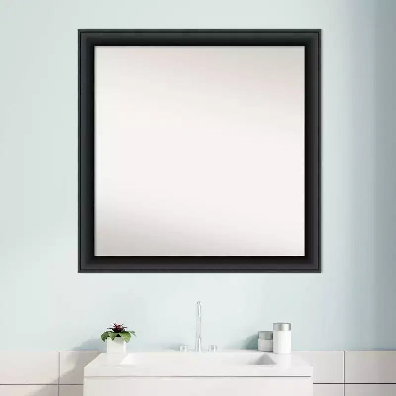 Non-Beveled Nero Black Wood Bathroom Wall Mirror – Modern Square, Wall Mount