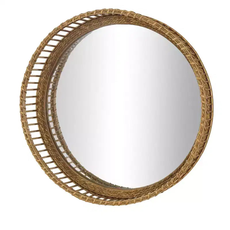 Bamboo Wood Handmade Woven Wall Mirror – Light Brown, Boho Decorative
