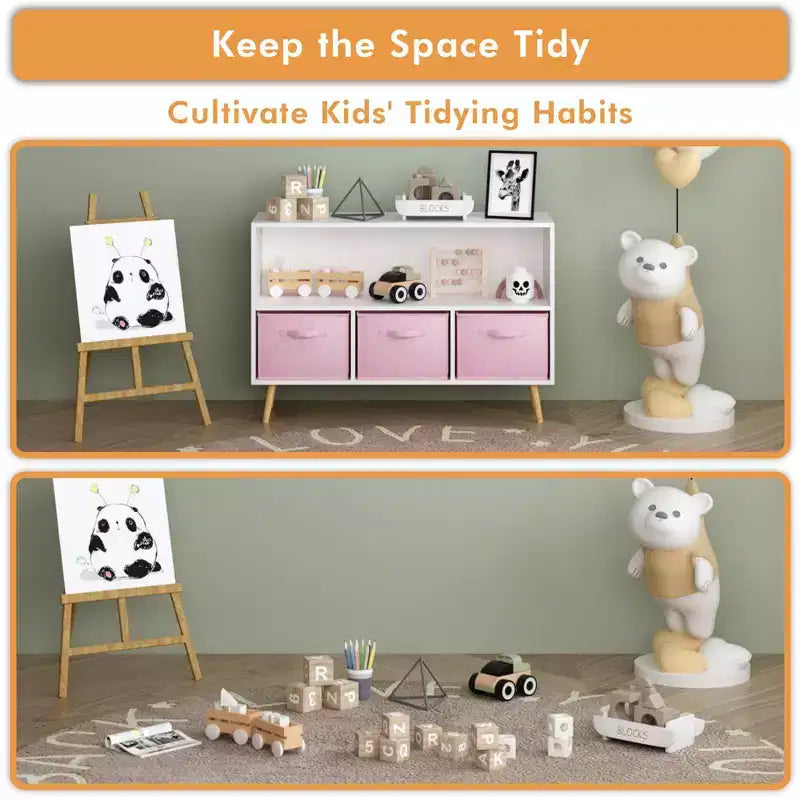Kids Bookshelf – 3 Fabric Drawers, Open Shelf, Anti-Tip Safety, Toy Storage Organizer