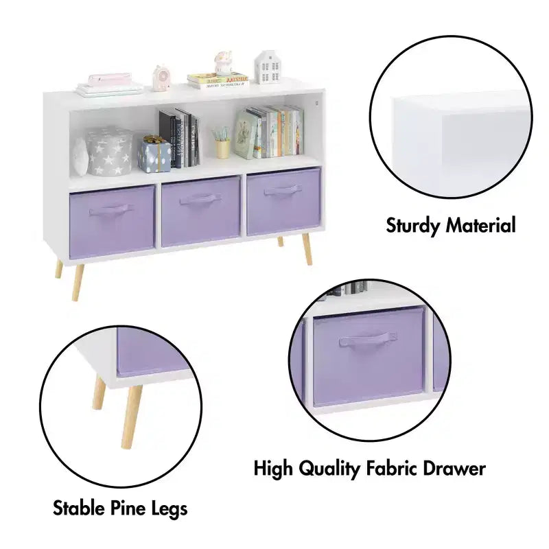 Kids Bookshelf – 3 Fabric Drawers, Open Shelf, Anti-Tip Safety, Toy Storage Organizer