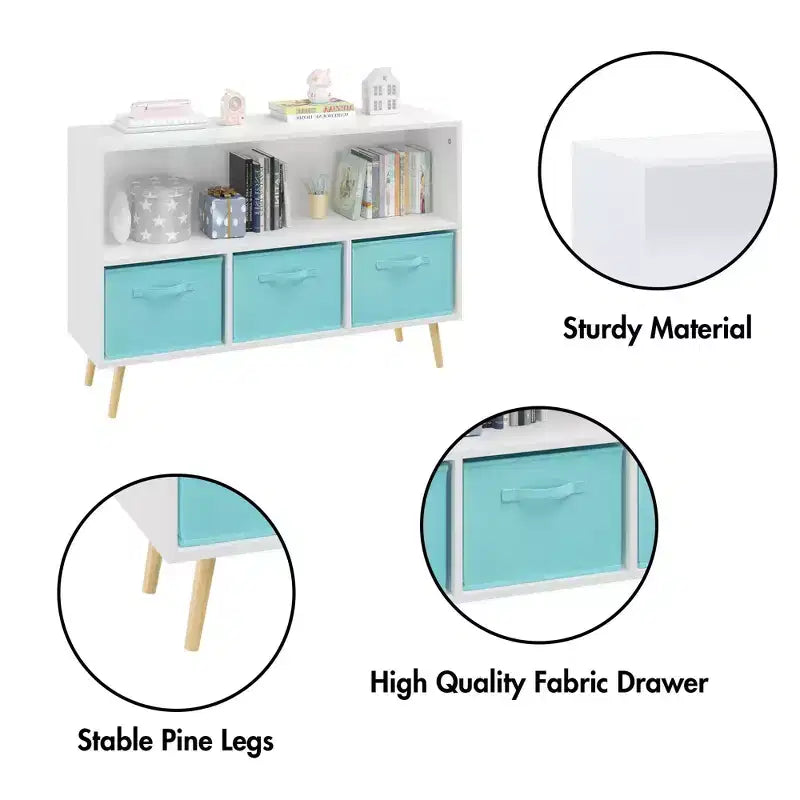 Kids Bookshelf – 3 Fabric Drawers, Open Shelf, Anti-Tip Safety, Toy Storage Organizer