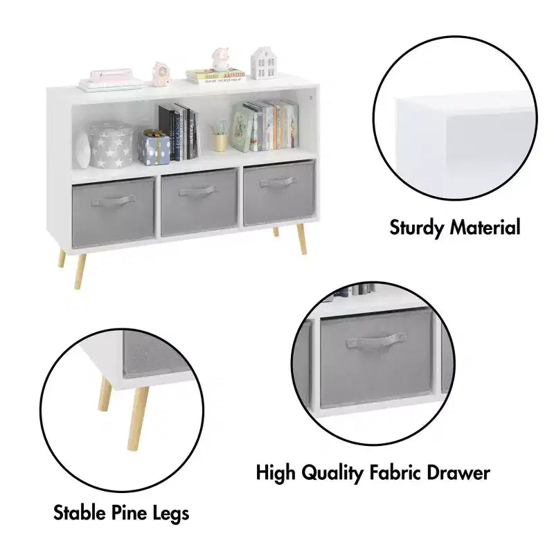 Kids Bookshelf – 3 Fabric Drawers, Open Shelf, Anti-Tip Safety, Toy Storage Organizer