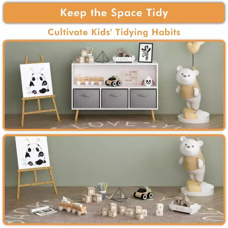 Kids Bookshelf – 3 Fabric Drawers, Open Shelf, Anti-Tip Safety, Toy Storage Organizer