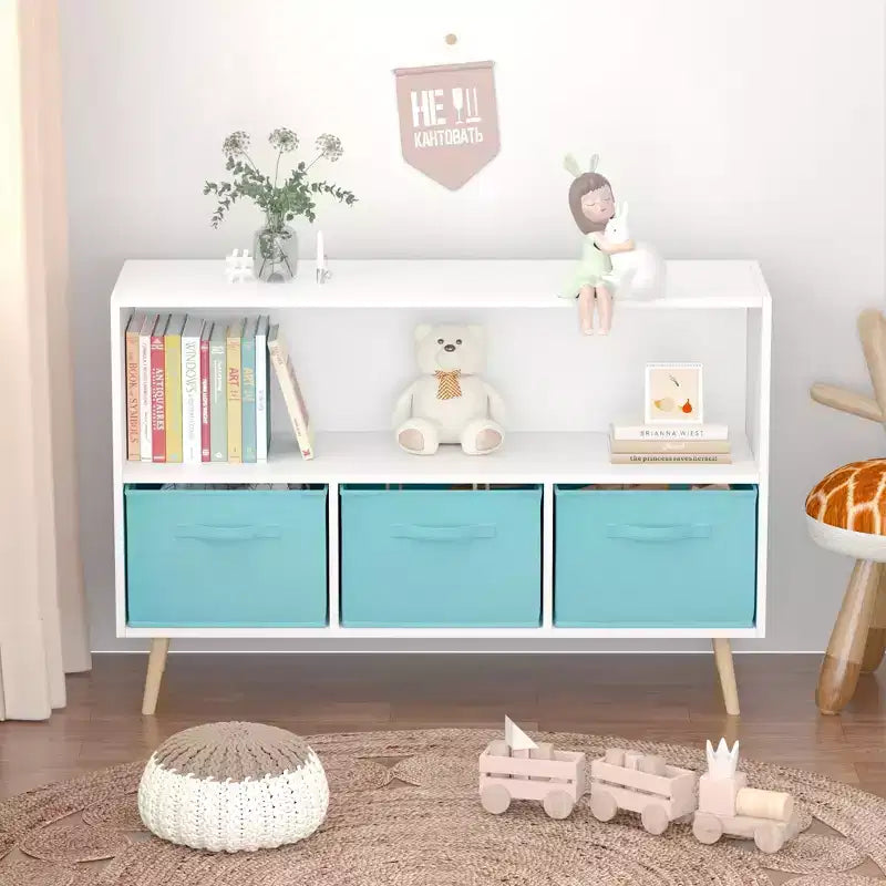 Kids Bookshelf – 3 Fabric Drawers, Open Shelf, Anti-Tip Safety, Toy Storage Organizer