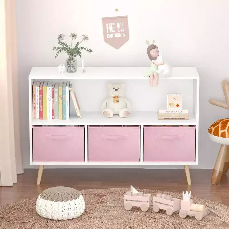 Kids Bookshelf – 3 Fabric Drawers, Open Shelf, Anti-Tip Safety, Toy Storage Organizer