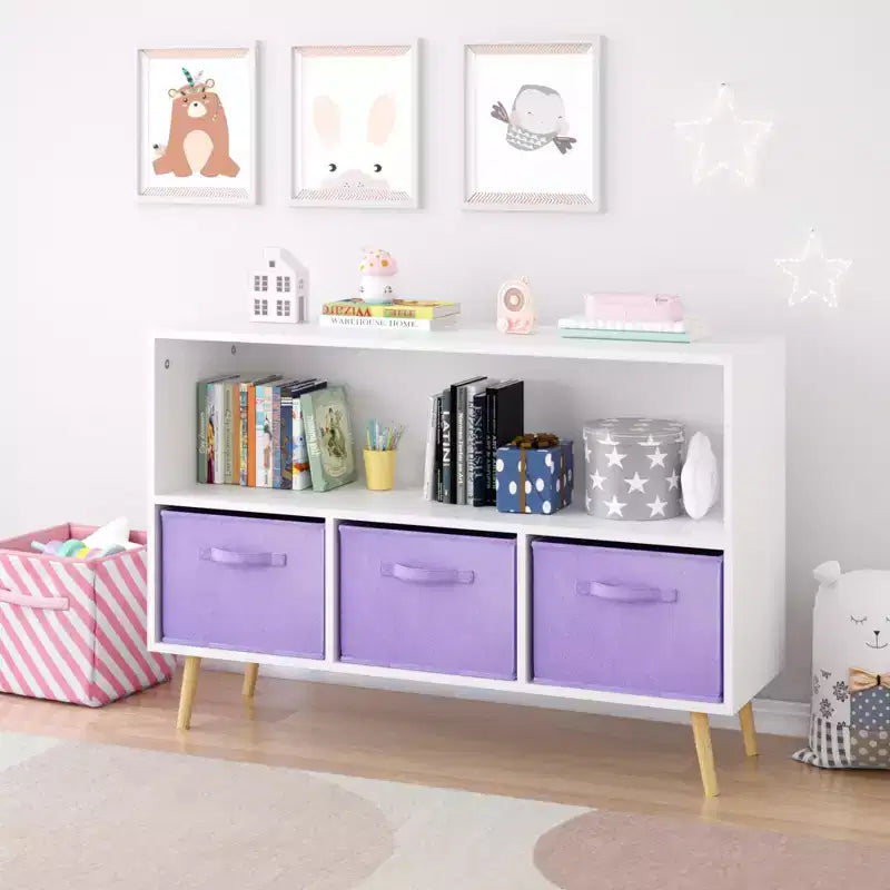 Kids Bookshelf – 3 Fabric Drawers, Open Shelf, Anti-Tip Safety, Toy Storage Organizer