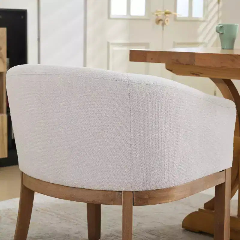 Sleek Barrel Dining Chairs with Armrest – Soft Linen Fabric, Solid Rubberwood Legs