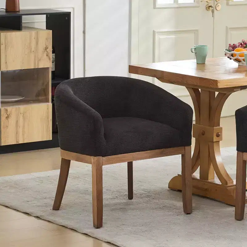 Sleek Barrel Dining Chairs with Armrest – Soft Linen Fabric, Solid Rubberwood Legs