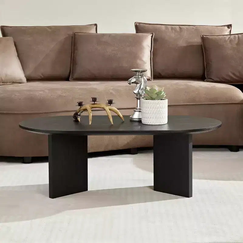 Modern Wood Veneer Oval Coffee Table – MDF Base, Small Center Table for Living Room