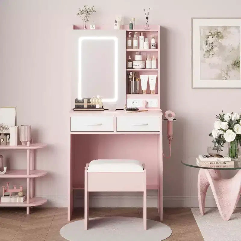 Makeup Vanity Desk with Mirror and Lights, Vanity Table with Charging Station, Dressing Table with Drawers Shelves, LED Vanity Desk for Bedroom