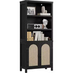 70'' Tall Black Double Wide Bookshelf and Bookcase with Doors, 5-Tier Open Display Shelves and Storage Cabinets for Living Room, Home Office