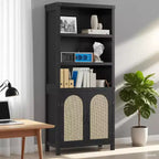 70'' Tall Black Double Wide Bookshelf and Bookcase with Doors, 5-Tier Open Display Shelves and Storage Cabinets for Living Room, Home Office