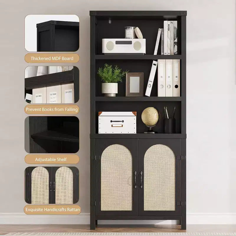 70'' Tall Black Double Wide Bookshelf and Bookcase with Doors, 5-Tier Open Display Shelves and Storage Cabinets for Living Room, Home Office