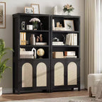 70'' Tall Black Double Wide Bookshelf and Bookcase with Doors, 5-Tier Open Display Shelves and Storage Cabinets for Living Room, Home Office