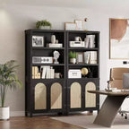 70'' Tall Black Double Wide Bookshelf and Bookcase with Doors, 5-Tier Open Display Shelves and Storage Cabinets for Living Room, Home Office