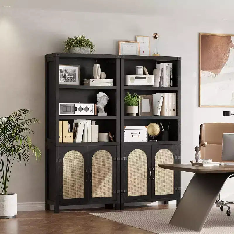 70'' Tall Black Double Wide Bookshelf and Bookcase with Doors, 5-Tier Open Display Shelves and Storage Cabinets for Living Room, Home Office