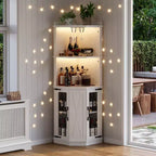 67.3 Farmhouse Corner Bar Cabinet with LED Lights, Power Outlets/USB Ports, Glass Rack & Adjustable Shelves, White - ModernLuxe