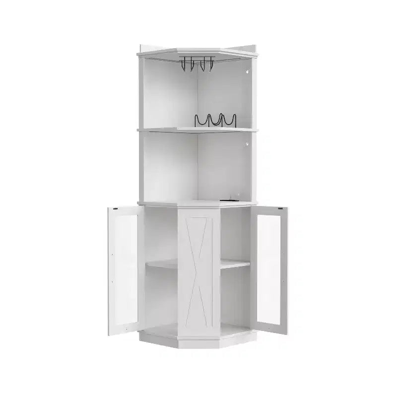 Farmhouse Corner Bar Cabinet – LED Lights, Power Outlets, USB Ports, Glass Rack, White