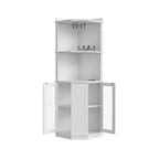 Farmhouse Corner Bar Cabinet – LED Lights, Power Outlets, USB Ports, Glass Rack, White