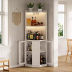 Farmhouse Corner Bar Cabinet – LED Lights, Power Outlets, USB Ports, Glass Rack, White