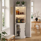 Farmhouse Corner Bar Cabinet – LED Lights, Power Outlets, USB Ports, Glass Rack, White