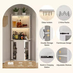 Farmhouse Corner Bar Cabinet – LED Lights, Power Outlets, USB Ports, Glass Rack, White