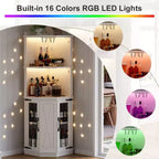 Farmhouse Corner Bar Cabinet – LED Lights, Power Outlets, USB Ports, Glass Rack, White