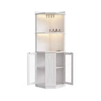 Farmhouse Corner Bar Cabinet – LED Lights, Power Outlets, USB Ports, Glass Rack, White