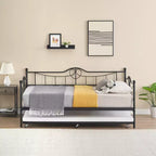 Twin Daybed with Trundle Bed, Black Daybed with Backrest, Bed Frame with Pull-Out Trundle, Heavy Duty Steel Slats Supports, for Guest Room