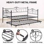 Twin Daybed with Trundle Bed, Black Daybed with Backrest, Bed Frame with Pull-Out Trundle, Heavy Duty Steel Slats Supports, for Guest Room