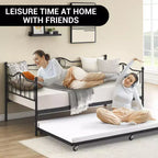 Twin Daybed with Trundle Bed, Black Daybed with Backrest, Bed Frame with Pull-Out Trundle, Heavy Duty Steel Slats Supports, for Guest Room