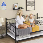 Twin Daybed with Trundle Bed, Black Daybed with Backrest, Bed Frame with Pull-Out Trundle, Heavy Duty Steel Slats Supports, for Guest Room