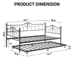 Twin Daybed with Trundle Bed, Black Daybed with Backrest, Bed Frame with Pull-Out Trundle, Heavy Duty Steel Slats Supports, for Guest Room