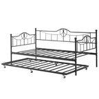 Twin Daybed with Trundle Bed, Black Daybed with Backrest, Bed Frame with Pull-Out Trundle, Heavy Duty Steel Slats Supports, for Guest Room