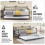 Twin Daybed with Trundle Bed, Black Daybed with Backrest, Bed Frame with Pull-Out Trundle, Heavy Duty Steel Slats Supports, for Guest Room