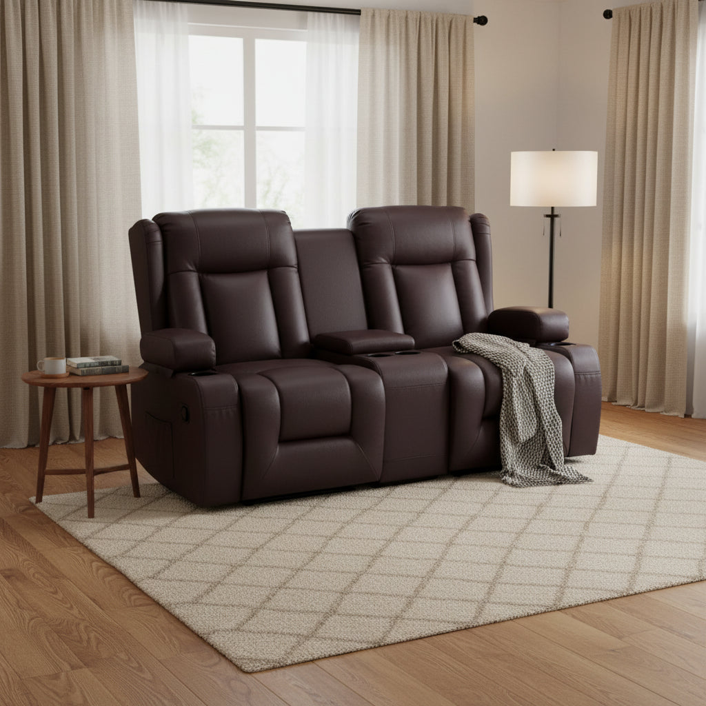 VEVOR Loveseat Recliner Sofa, PU Faux Leather Recliner Sofa with USB Ports, Cup Holders and Storage Bags, Brown