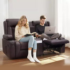 Loveseat Recliner Sofa – PU Faux Leather, USB Ports, Cup Holders, Storage Bags, Brown