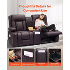 Loveseat Recliner Sofa – PU Faux Leather, USB Ports, Cup Holders, Storage Bags, Brown