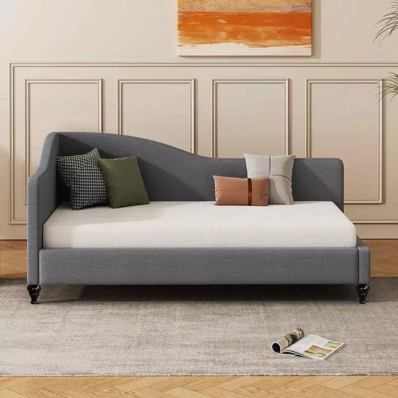 Twin Size L-Shaped Linen Daybed – Solid Wood Legs, Gray, Modern Bedroom Sofa