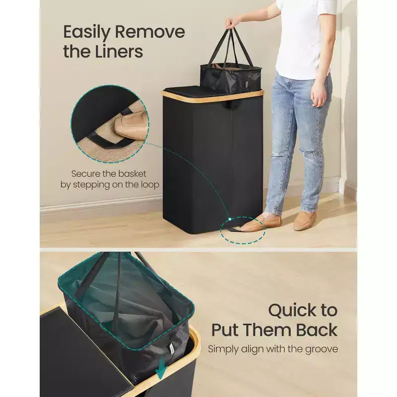 Dual Compartment Laundry Hamper – 2 Lids, Removable Liners, for Laundry Room & Bedroom