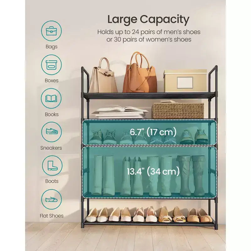 6-Tier Stackable Shoe Rack – Metal Shoe Organizer, Upright & Reversible for Entryway, Black
