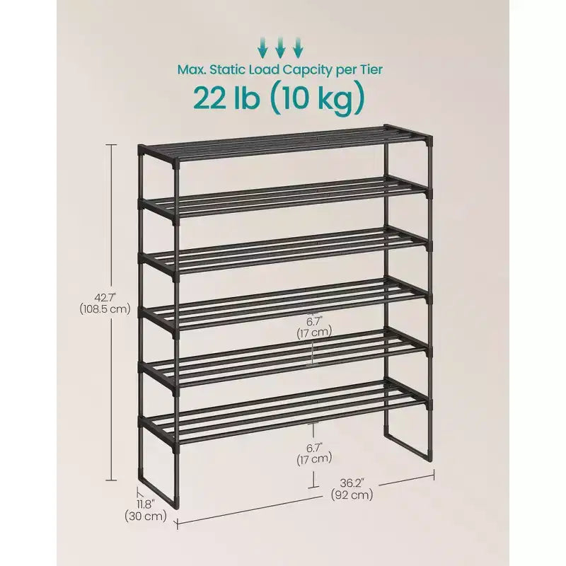 6-Tier Stackable Shoe Rack – Metal Shoe Organizer, Upright & Reversible for Entryway, Black