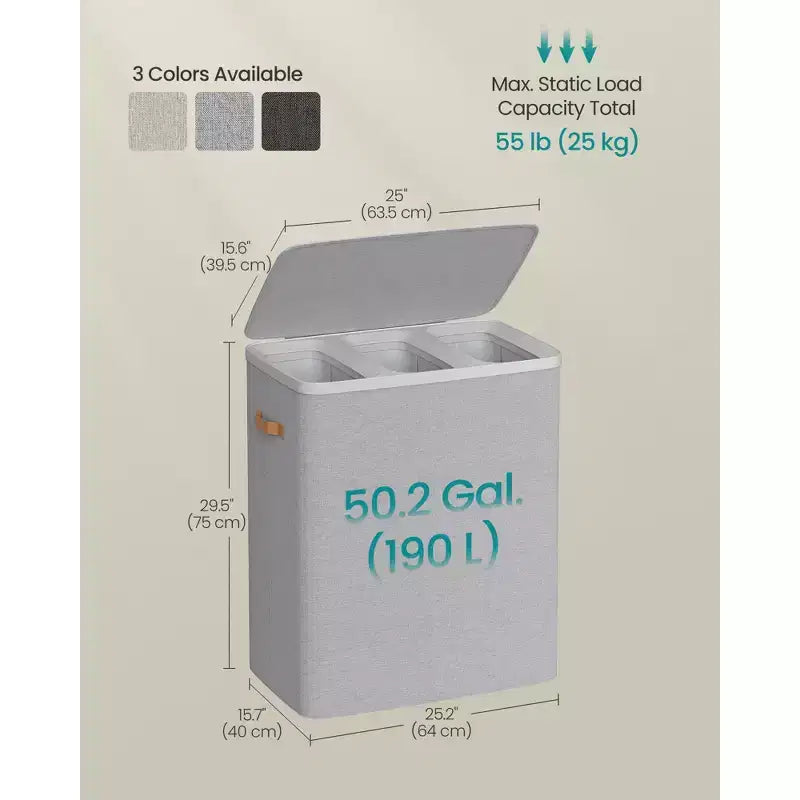 3-Compartment Laundry Hamper – Lid & Removable Liners, for Whole Family Laundry Sorting