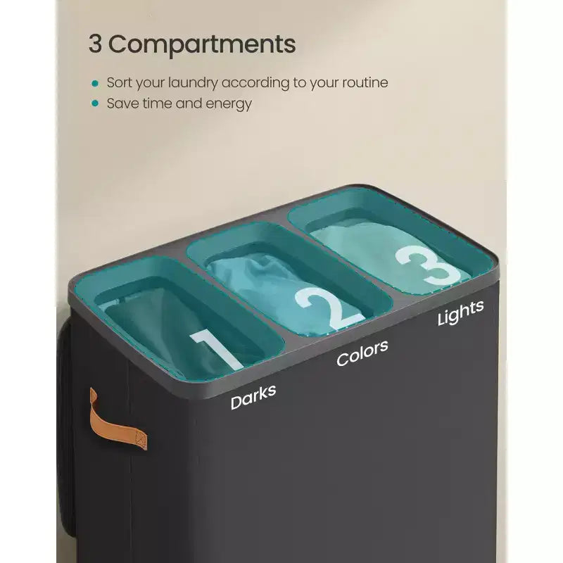 3-Compartment Laundry Hamper – Lid & Removable Liners, for Whole Family Laundry Sorting