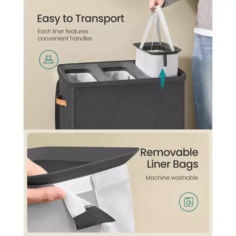 3-Compartment Laundry Hamper – Lid & Removable Liners, for Whole Family Laundry Sorting