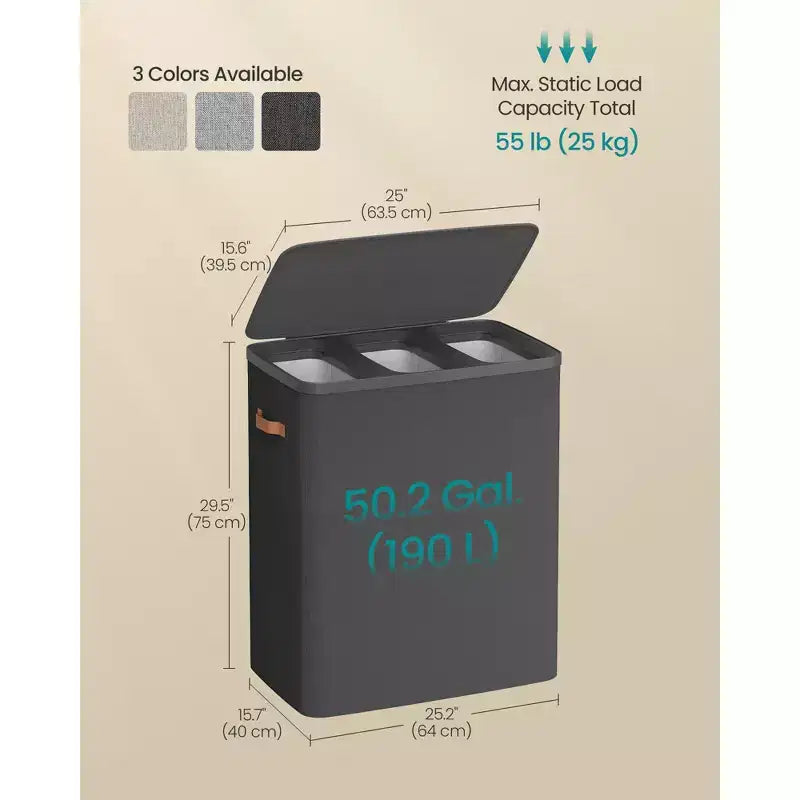 3-Compartment Laundry Hamper – Lid & Removable Liners, for Whole Family Laundry Sorting