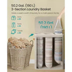 3-Compartment Laundry Hamper – Lid & Removable Liners, for Whole Family Laundry Sorting